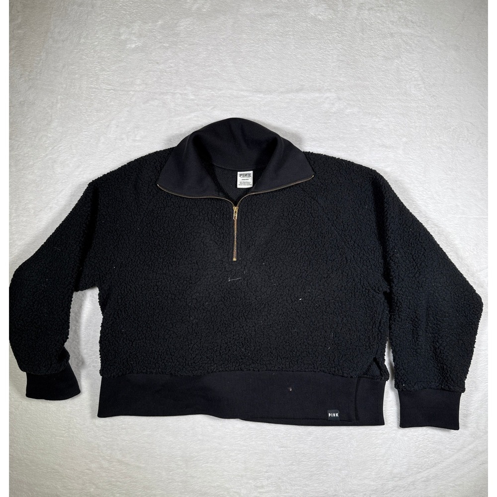 PINK Victoria's Secret Sherpa Half Zip Pullover Fleece Black Womens Size‎ L